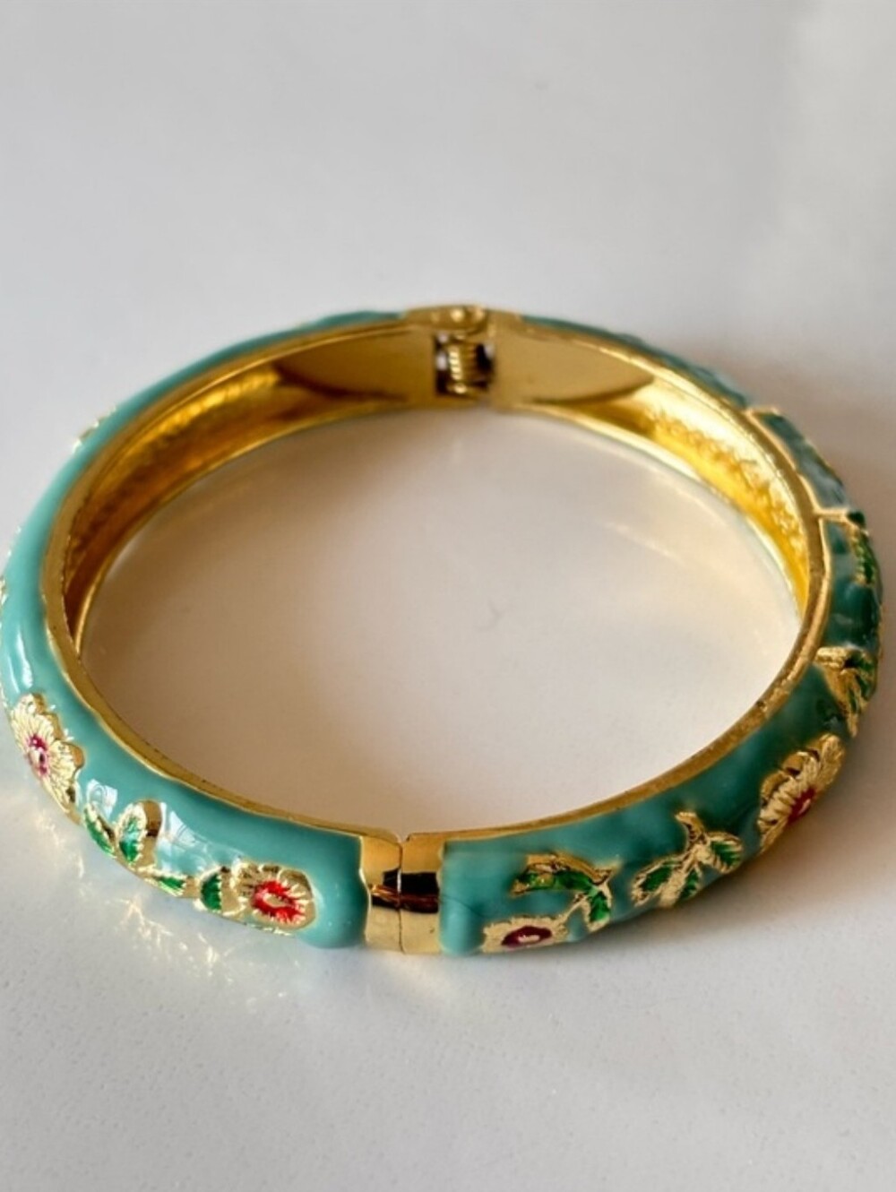 Vintage Jiu Long Xing Turquoise Floral Cloisonné Enamel Clamper Bangle Bracelet